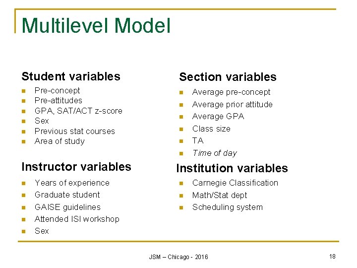 Multilevel Model Student variables n n n Pre-concept Pre-attitudes GPA, SAT/ACT z-score Sex Previous