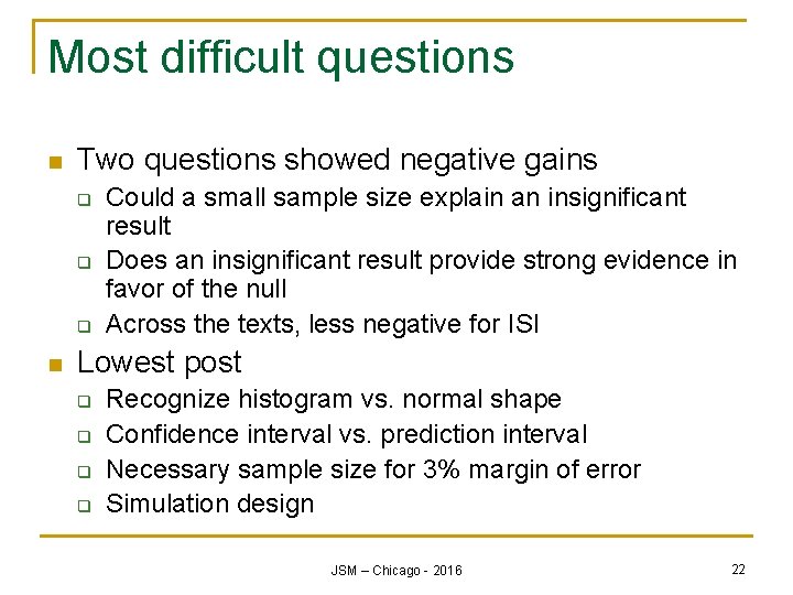 Most difficult questions n Two questions showed negative gains q q q n Could