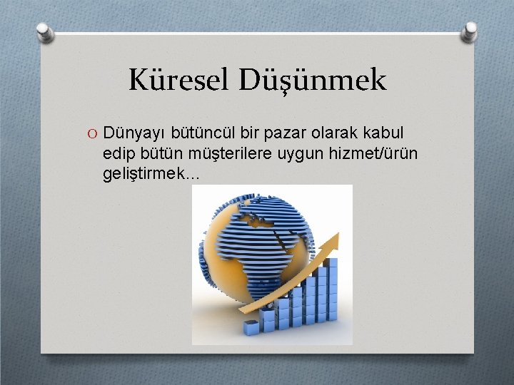 Küresel Düşünmek O Dünyayı bütüncül bir pazar olarak kabul edip bütün müşterilere uygun hizmet/ürün