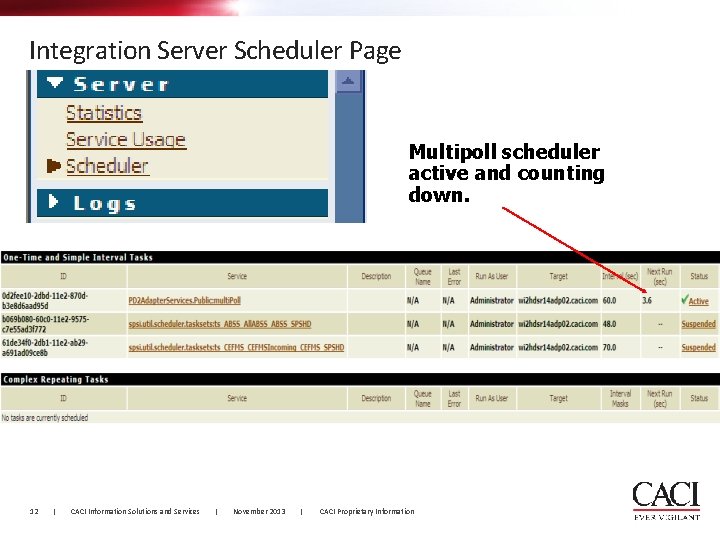 Integration Server Scheduler Page Multipoll scheduler active and counting down. 12 | CACI Information