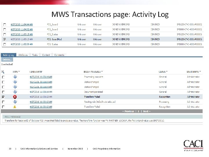 MWS Transactions page: Activity Log 23 | CACI Information Solutions and Services | November