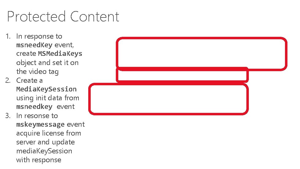 Protected Content 1. In response to msneed. Key event, create MSMedia. Keys object and Protected Content 1. In response to msneed. Key event, create MSMedia. Keys object and
