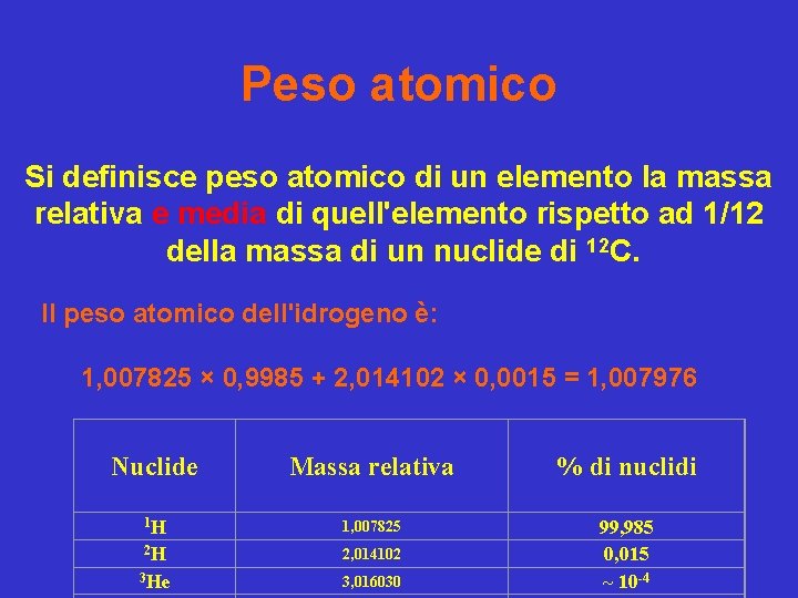 Peso atomico Si definisce peso atomico di un elemento la massa relativa e media