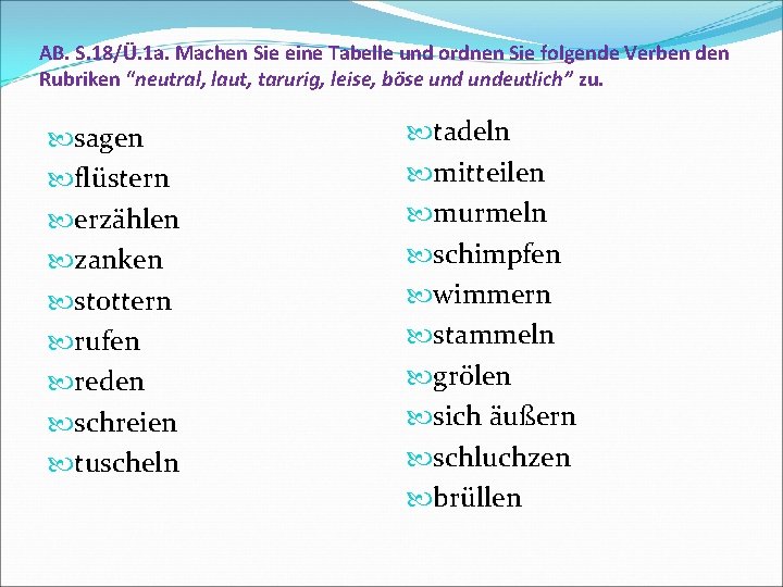 AB. S. 18/Ü. 1 a. Machen Sie eine Tabelle und ordnen Sie folgende Verben