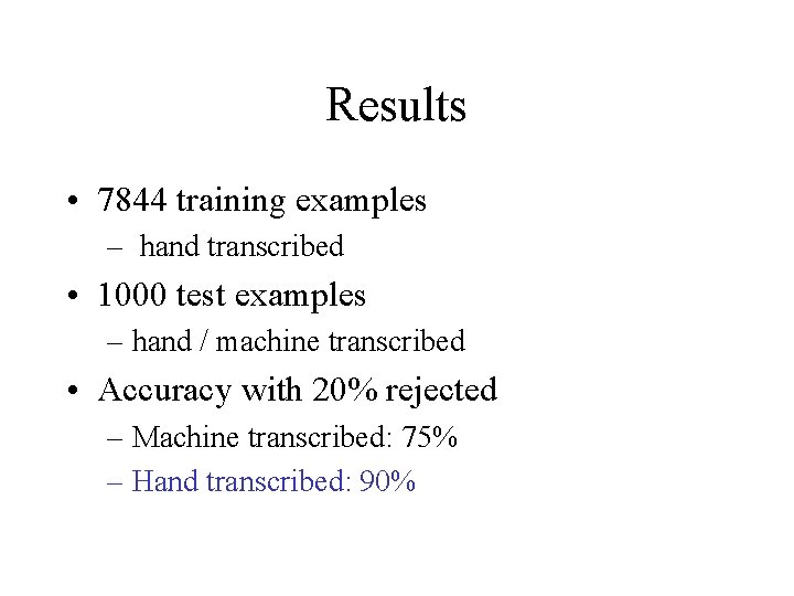 Results • 7844 training examples – hand transcribed • 1000 test examples – hand