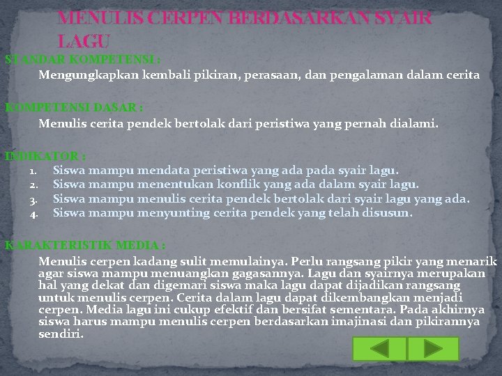 MENULIS CERPEN BERDASARKAN SYAIR LAGU STANDAR KOMPETENSI : Mengungkapkan kembali pikiran, perasaan, dan pengalaman