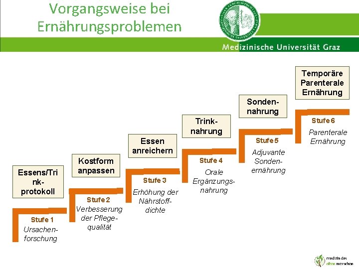 Vorgangsweise bei Ernährungsproblemen Temporäre Parenterale Ernährung Sondennahrung Stufe 6 Trinknahrung Stufe 5 Essen anreichern