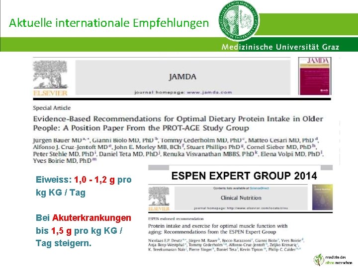 Aktuelle internationale Empfehlungen Eiweiss: 1, 0 - 1, 2 g pro kg KG /