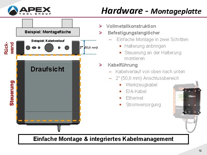 Hardware - Montageplatte Rückwand Beispiel: Montagefläche Beispiel: Kabelverlauf Steuerung Draufsicht Ø Vollmetallkonstruktion Ø Befestigungslanglöcher