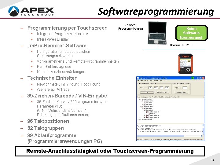 Softwareprogrammierung – Programmierung per Touchscreen • • Remote. Programmierung Integrierte Programmiertastatur Interaktives Display –