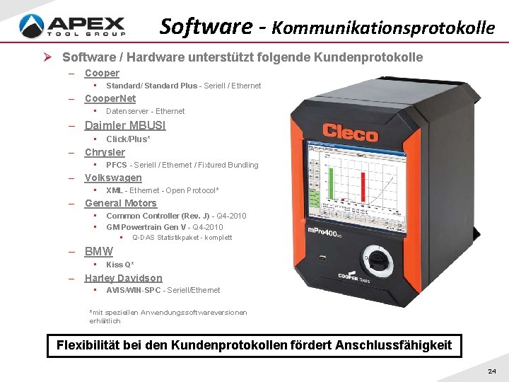 Software - Kommunikationsprotokolle Ø Software / Hardware unterstützt folgende Kundenprotokolle – Cooper • Standard/