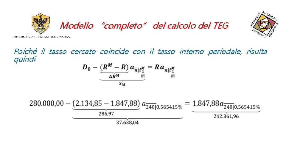 Modello “completo” del calcolo del TEG Poiché il tasso cercato coincide con il tasso