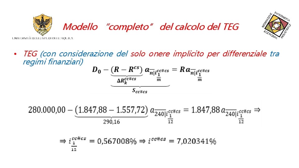 Modello “completo” del calcolo del TEG • TEG (con considerazione del solo onere implicito