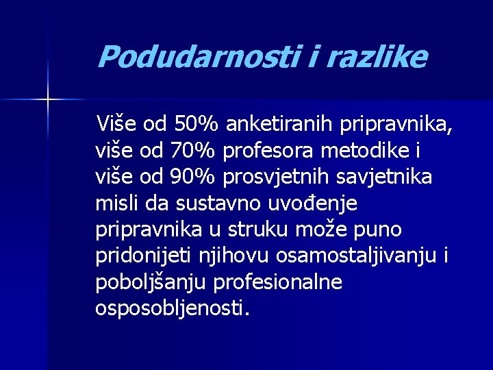 Podudarnosti i razlike Više od 50% anketiranih pripravnika, više od 70% profesora metodike i