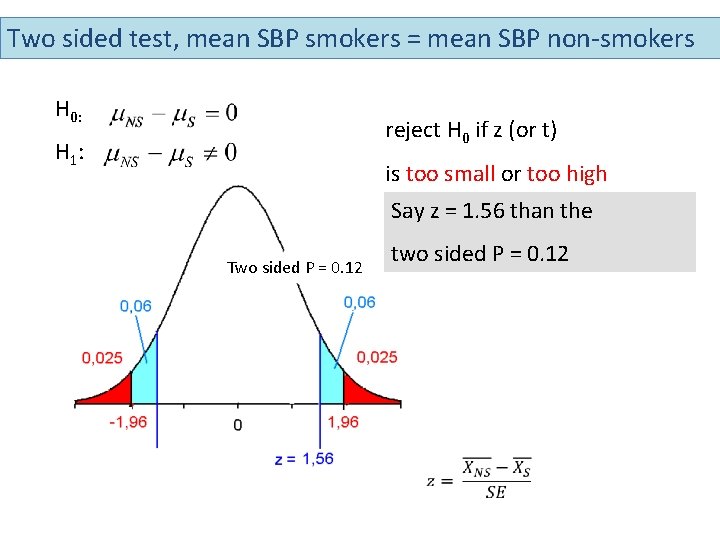Two sided test, mean SBP smokers = mean SBP non-smokers H 0: reject H