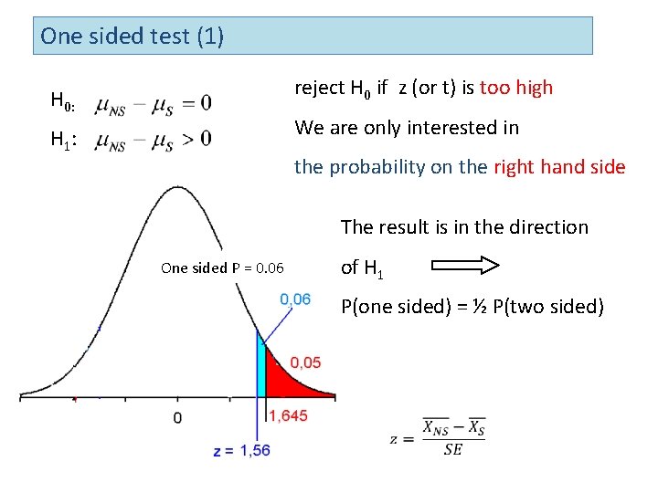 One sided test (1) reject H 0 if z (or t) is too high