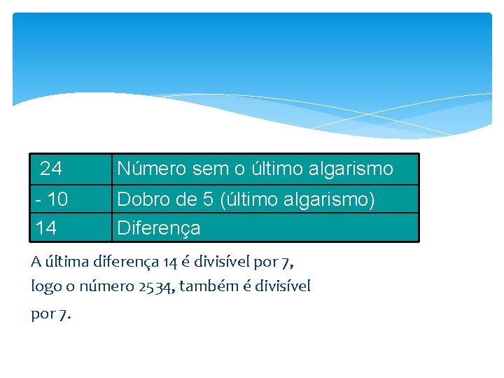  24 Número sem o último algarismo - 10 14 Dobro de 5 (último