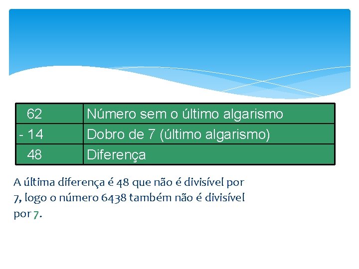  62 - 14 48 Número sem o último algarismo Dobro de 7 (último