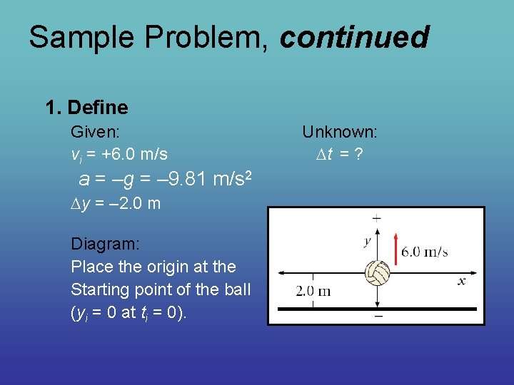 Sample Problem, continued 1. Define Given: vi = +6. 0 m/s a = –g