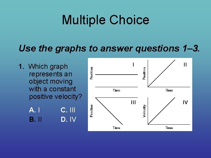 Multiple Choice Use the graphs to answer questions 1– 3. 1. Which graph represents