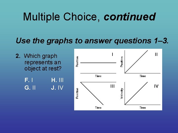 Multiple Choice, continued Use the graphs to answer questions 1– 3. 2. Which graph