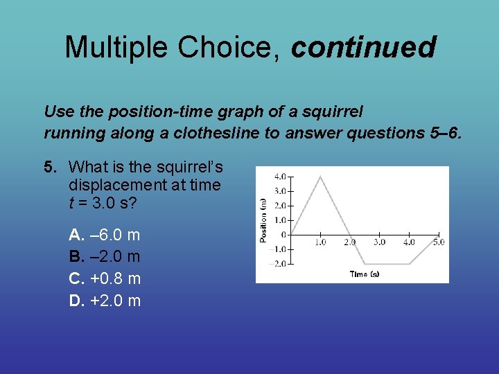Multiple Choice, continued Use the position-time graph of a squirrel running along a clothesline