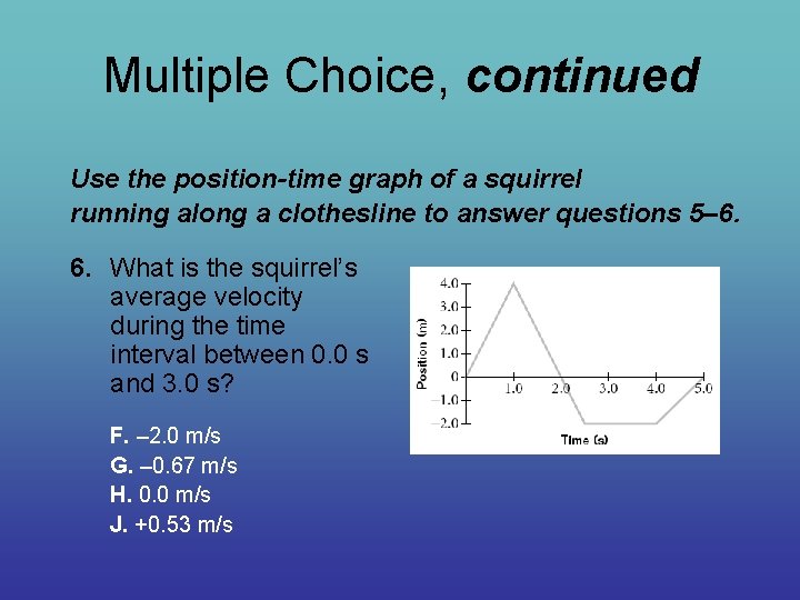 Multiple Choice, continued Use the position-time graph of a squirrel running along a clothesline