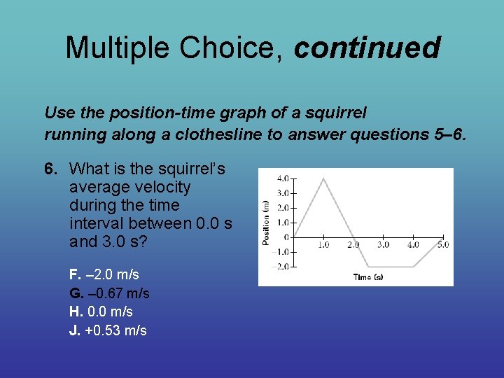 Multiple Choice, continued Use the position-time graph of a squirrel running along a clothesline