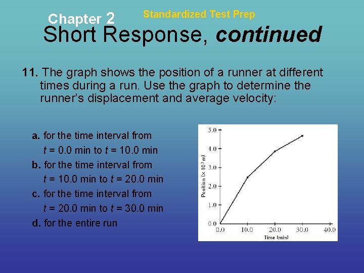 Chapter 2 Standardized Test Prep Short Response, continued 11. The graph shows the position