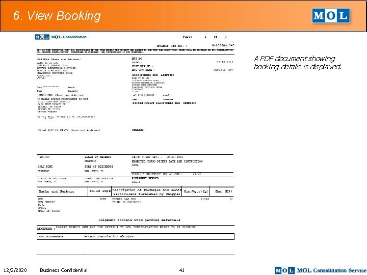 6. View Booking A PDF document showing booking details is displayed. 12/2/2020 Business Confidential