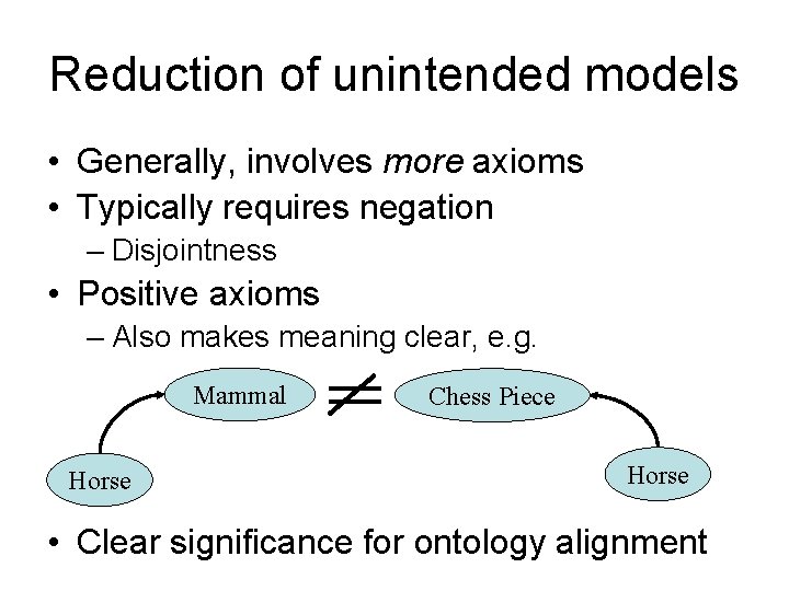 Reduction of unintended models • Generally, involves more axioms • Typically requires negation –