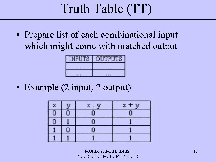 Truth Table (TT) • Prepare list of each combinational input which might come with