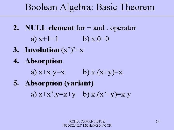 Boolean Algebra: Basic Theorem 2. NULL element for + and. operator a) x+1=1 b)