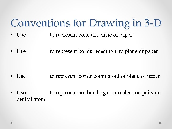 Conventions for Drawing in 3 -D • Use to represent bonds in plane of