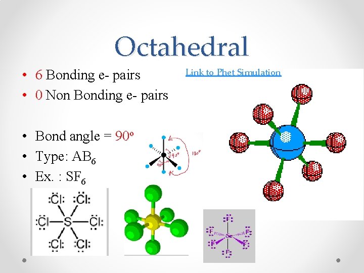 Octahedral • 6 Bonding e- pairs • 0 Non Bonding e- pairs • Bond