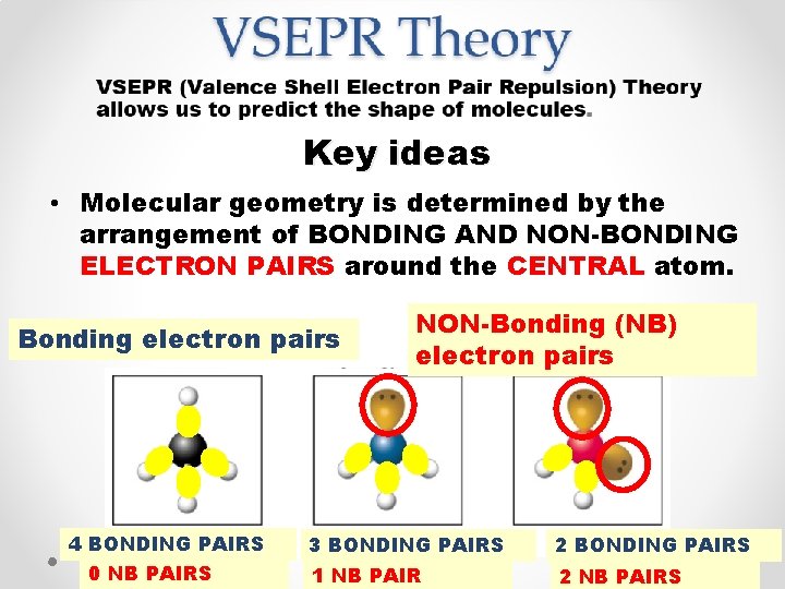 Key ideas • Molecular geometry is determined by the arrangement of BONDING AND NON-BONDING