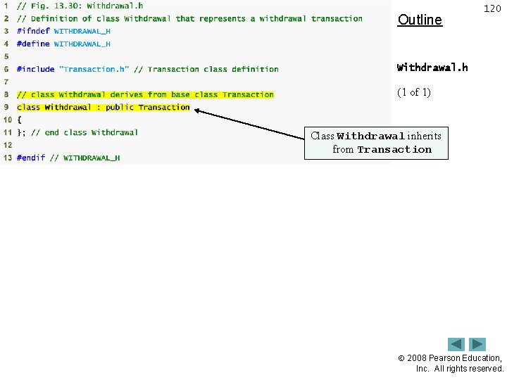 Outline 120 Withdrawal. h (1 of 1) Class Withdrawal inherits from Transaction 2008 Pearson