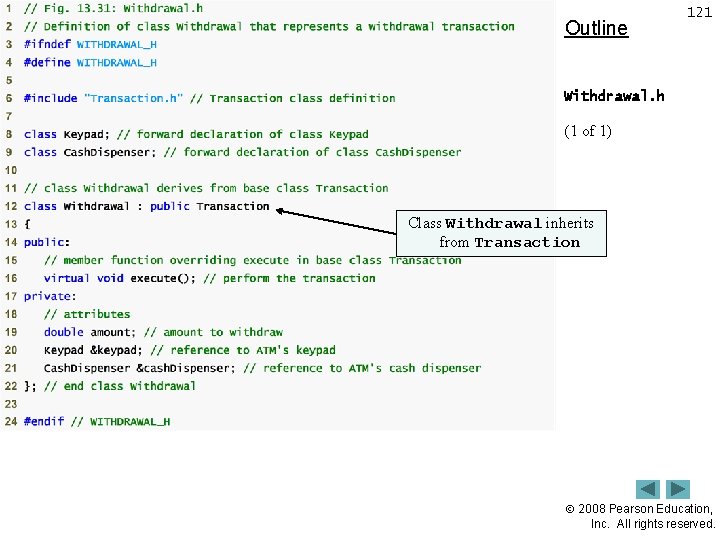 Outline 121 Withdrawal. h (1 of 1) Class Withdrawal inherits from Transaction 2008 Pearson