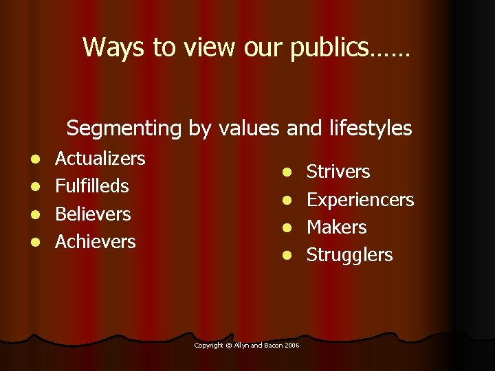 Ways to view our publics…… Segmenting by values and lifestyles Actualizers l Fulfilleds l