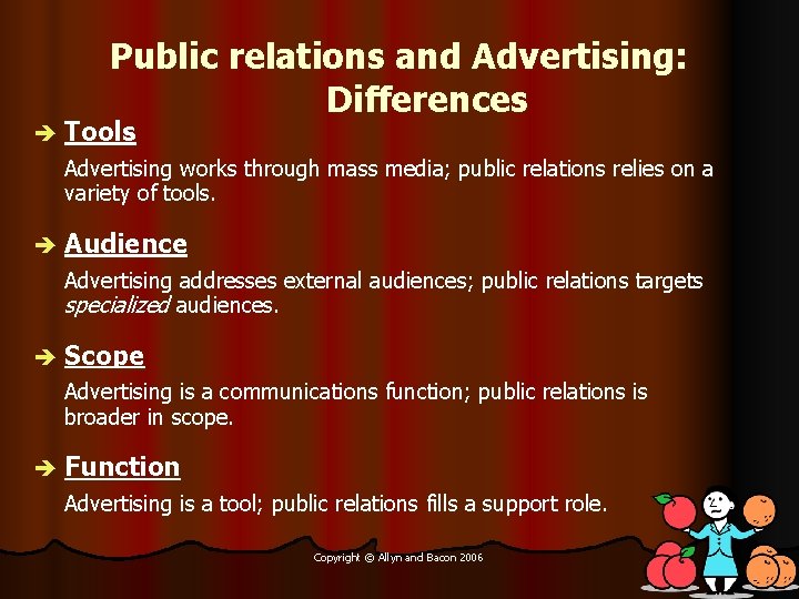 Public relations and Advertising: Differences è Tools Advertising works through mass media; public relations