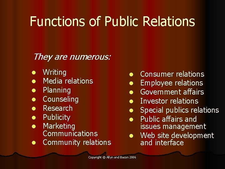 Functions of Public Relations They are numerous: Writing Media relations Planning Counseling Research Publicity