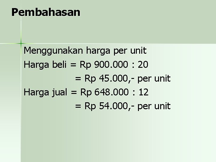 Pembahasan Menggunakan harga per unit Harga beli = Rp 900. 000 : 20 =