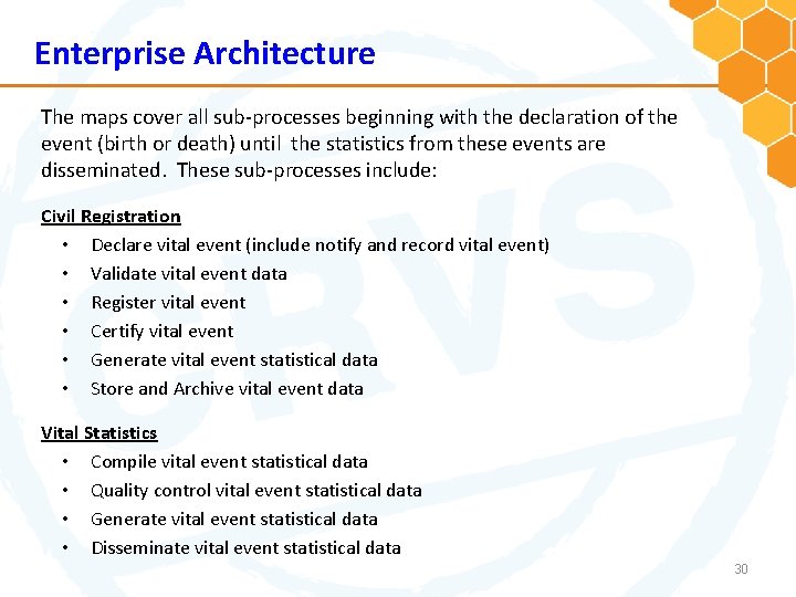 Enterprise Architecture The maps cover all sub-processes beginning with the declaration of the event
