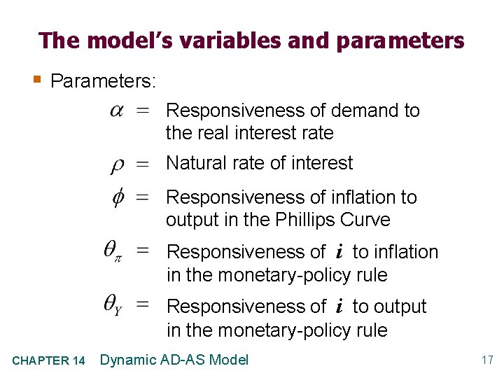 The model’s variables and parameters § Parameters: Responsiveness of demand to the real interest