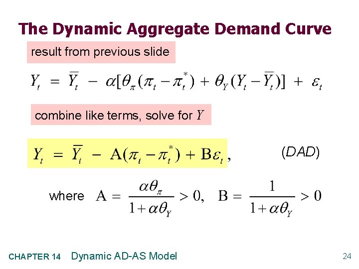 The Dynamic Aggregate Demand Curve result from previous slide combine like terms, solve for