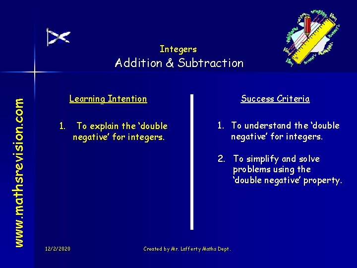 Integers www. mathsrevision. com Addition & Subtraction Learning Intention 1. To explain the ‘double