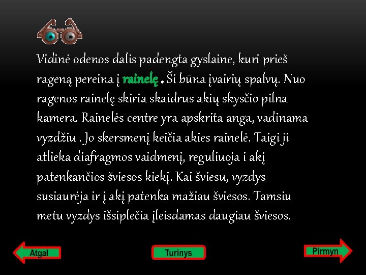 Vidinė odenos dalis padengta gyslaine, kuri prieš rageną pereina į rainelę. Ši būna įvairių
