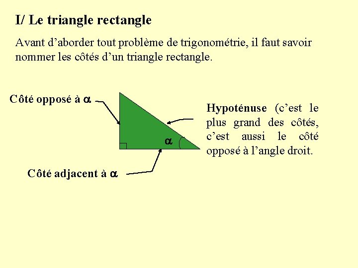I/ Le triangle rectangle Avant d’aborder tout problème de trigonométrie, il faut savoir nommer