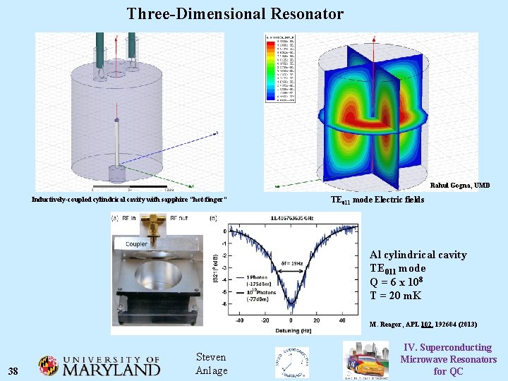 Three-Dimensional Resonator Rahul Gogna, UMD TE 011 mode Electric fields Inductively-coupled cylindrical cavity with