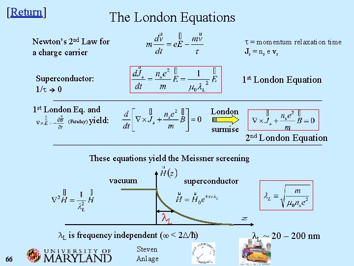 [Return] The London Equations t = momentum relaxation time Js = ns e vs